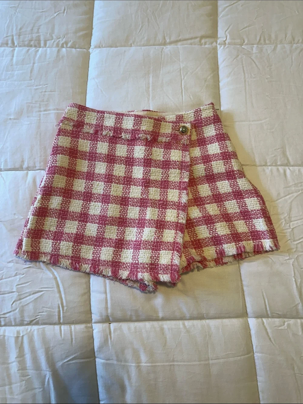 Pink Check Tweed Wrap Skort with Frayed Hem